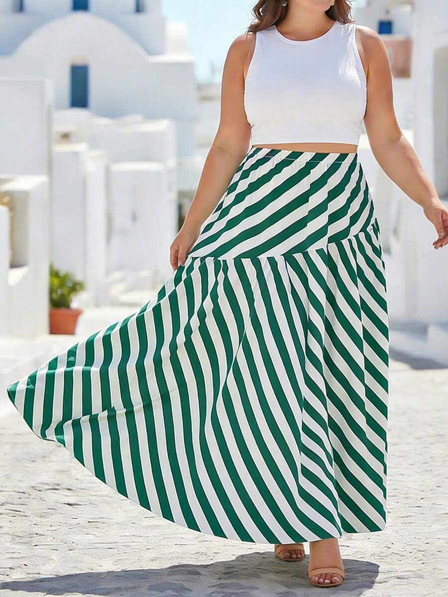 Falda larga elegante y de talla grande con rayas, falda de línea A verde y blanca para el estilo de falda de verano, tela tejida para un aspecto fluido de primavera - Verde - Ver 1