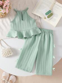 Baby Girls' Solid Color Spaghetti Strap Bowknot Ruffle Hem Top And Straight Leg Pants 2 Piece Outfit, Suitable For Daily Outings In Spring/Summer - Green - View 3