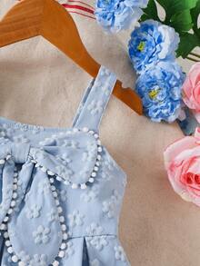 Young Girls' Floral Print Sleeveless Dress With Pom Pom & Big Bow Accent, Princess Style, Spring/Summer - Blue - View 4