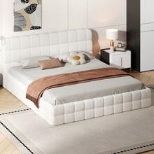 MERAX King Size Soft Bed Frame With Headboard, Upholstered Floor Bed, Berber Fleece Platform Bed With Slats, No Box Spring Needed, White - 白色特大號 - 查看 2