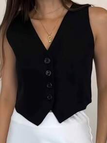 Women's V-Neck Button-Down Dress Vest - màu đen - Xem 1