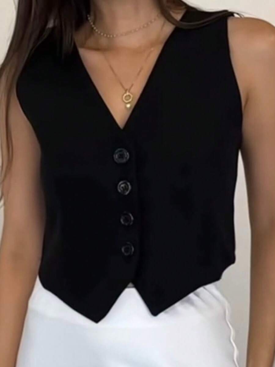 Women's V-Neck Button-Down Dress Vest - màu đen - Xem 1