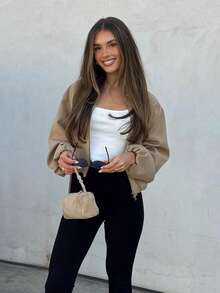 Damvinröd jacka med dragkedja och fickor - Avslappnad vår-/höstkappa med lös krage - Kastanjebrun - Visa 6