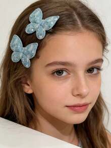 2pcs Denim Butterfly Hair Clips, Made Of Distressed Denim Fabric With Sequins And Metal Eyelets, Available In Light Blue And Dark Blue - Multicolor - View 7