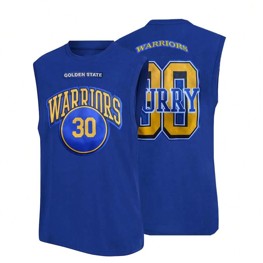 Camiseta de baloncesto azul suave sin mangas n.º 30 para hombres, camiseta de baloncesto bordada exquisita - Azul - Ver 1