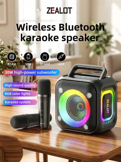  ZEALOT PT01 30W 无线卡拉OK音箱，蓝牙音箱，RGB彩色灯光，兼容智能手机/平板电脑/电视。支持SD卡/USB/AUX输入，具备配对功能，适用于汽车、户外、露营、派对等场合。