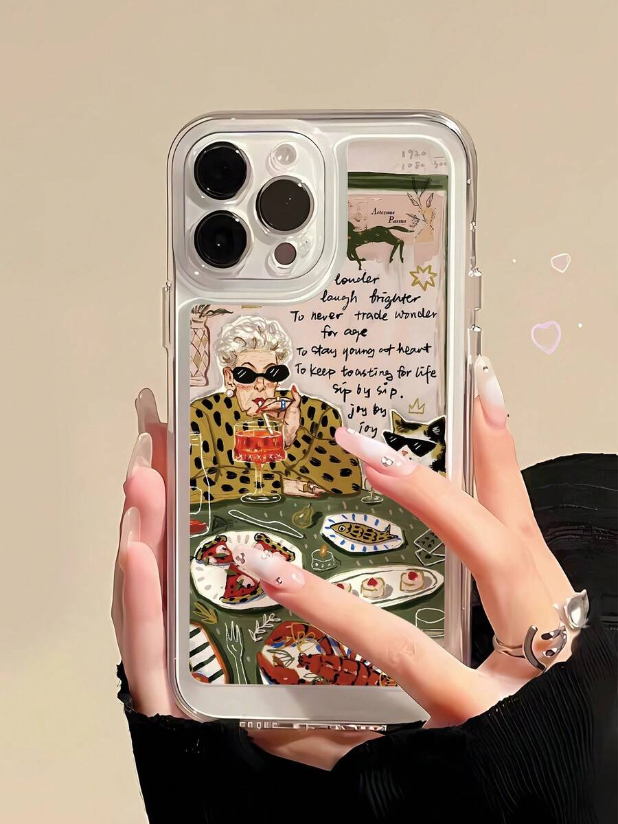 1件装简约时尚女猫粮图案拼接美学设计全包透明TPU防指纹手机壳，兼容 16 Pro Max/16/16 Pro/16 Plus/11/15/15 Pro/15 Pro Max/12/13/14 Pro Max/XS/XR/11 Pro/11 Pro Max/12 Pro/12 Pro Max/13 Pro/13 Pro Max/7 Plus/14 Pro/14 Pro Max/14 Plus/7 Plus/8 Plus/8/SE2/12 Mini/13 Mini，硬壳，防黄变 - 彩色 - 查看 1