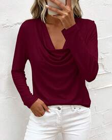 Womens Spring Tops 2026 Dressy Cowl Neck Long Sleeve Shirts Loose Business Casual Blouses Teacher Tunic Top - 酒紅色 - 查看 3