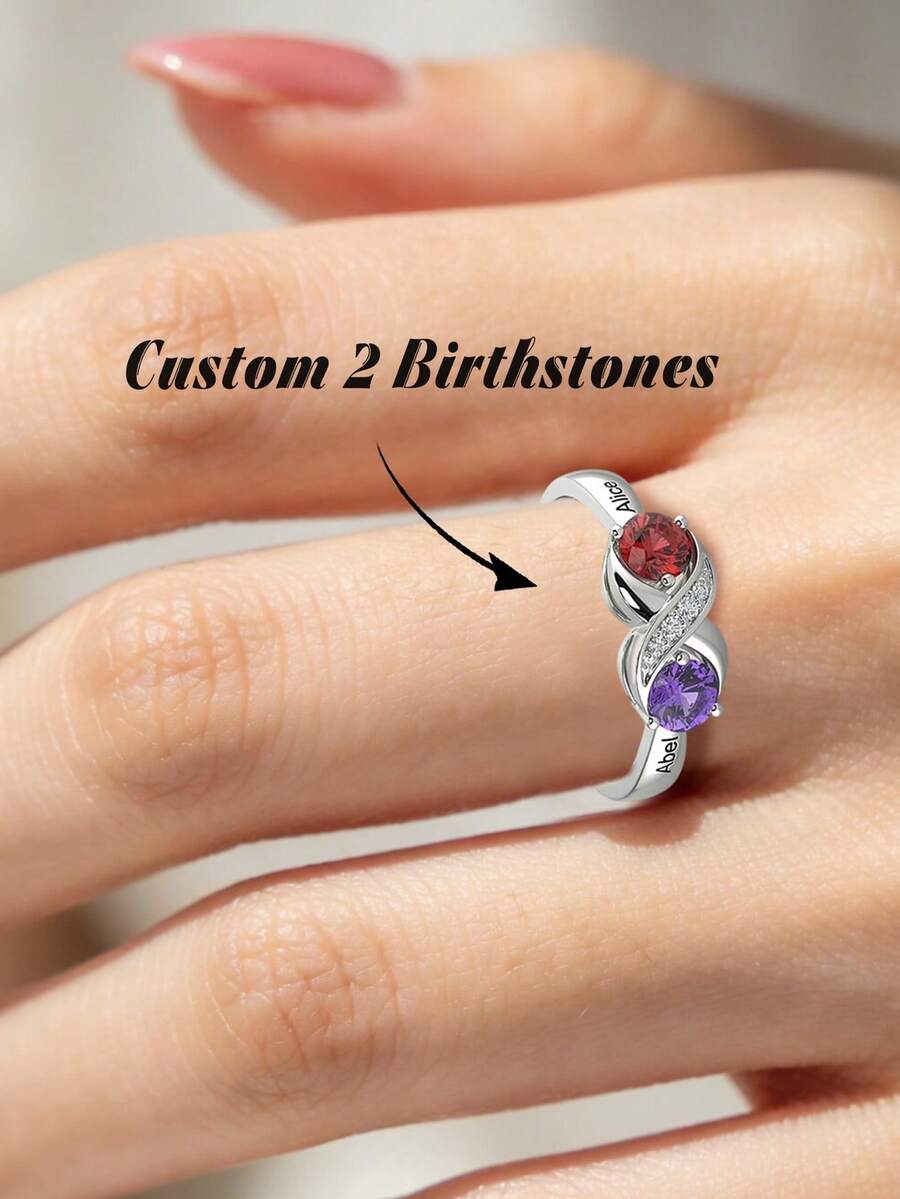 1pc Customized Zirconia Ring, Infinity Symbol Birthstone Ring, Family Birthstone Ring, Gift For Her, Valentine's Day Gift - White - View 1