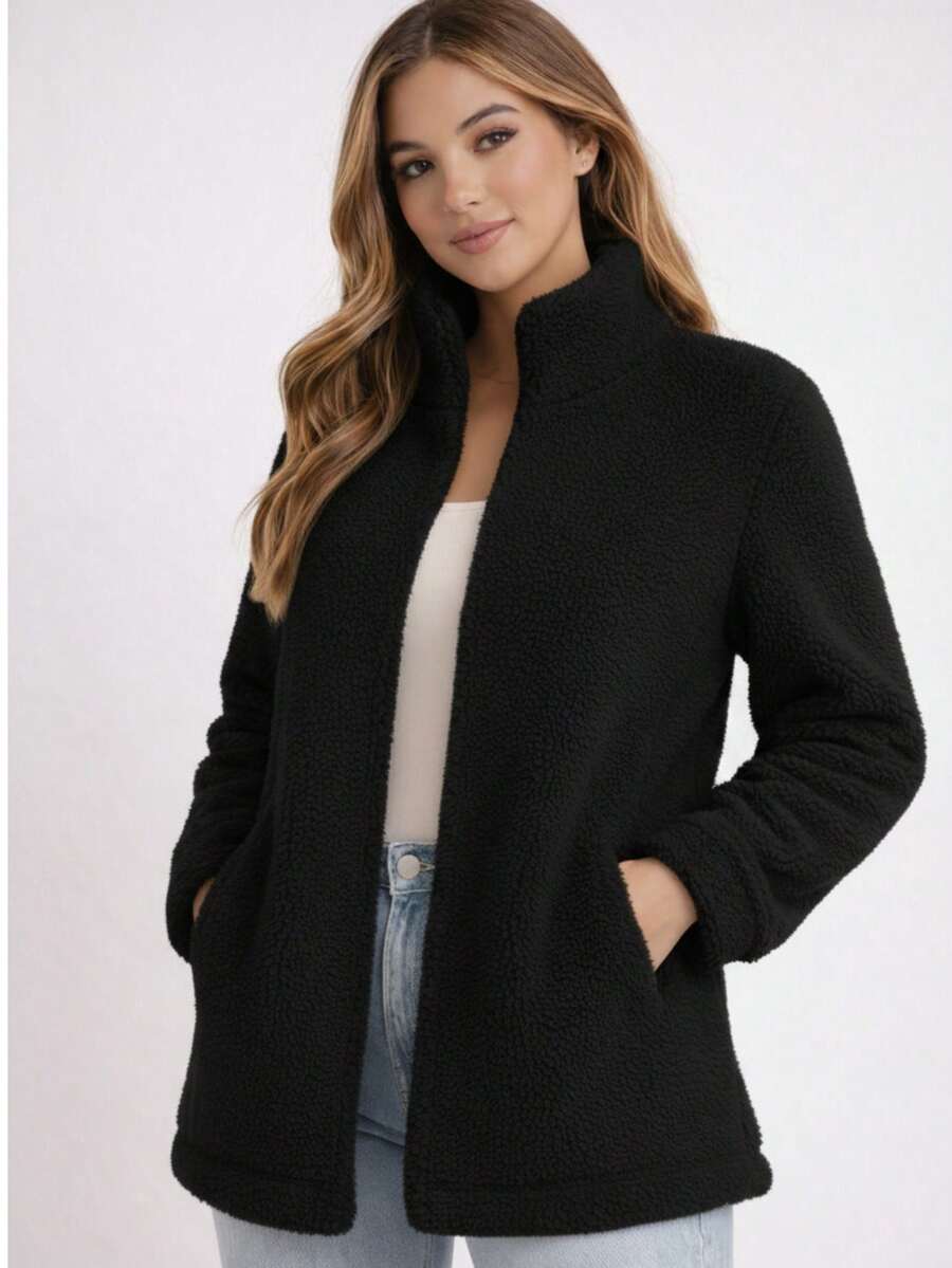 Women's Teddy Coat With Pocket And Sherpa Fur For Winter - 黑色 - 查看 1