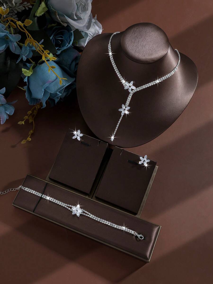 4 piezas Conjunto de joyería de collar, aretes y pulsera con diamante de imitación geométricos de lujo, accesorios elegantes y de moda adecuados para bodas, fiestas y uso diario - Plateado - Ver 1