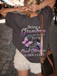 1pc Women's Summer Round Neck Short Sleeve T-Shirt, Butterfly & Slogan Print - Dark Grey - View 1