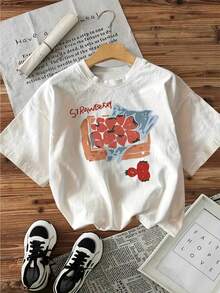 Women's Strawberry Graphic Print Short Sleeve Crew Neck T-Shirt - Casual Summer & Spring Top with Relaxed Fit, Machine Washable, White Tee Featuring Red & Blue Fruit Design, Comfortable Fit, adults - Branco - Ver 1
