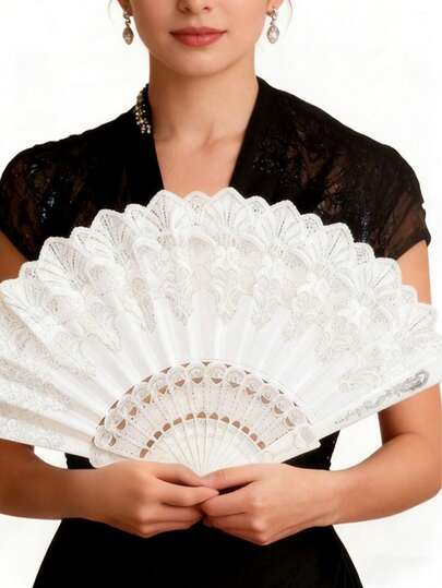 1 pieza Abanico de mano plegable de encaje y tela de plástico premium (con patrones florales exquisitos, elegancia nupcial vintage, con lentejuelas) para seres queridos - Día de San Valentín, bodas, reuniones de Ramadán y ocasiones formales