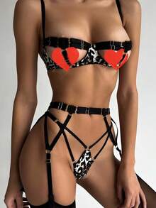 Fetish Lingerie Set With Spaghetti Straps, Hollow-Out, Leopard Print, Revealing Chest, Sexy - White - View 1