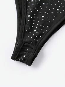 Women's Halter Bodysuit Stylish Hot-fix Rhinestone Design Slim Fit Deep V Neck Romper - Negro - Ver 10