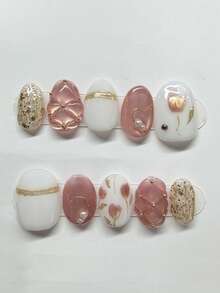 10片手工制作中长椭圆形美甲贴纸，粉金猫眼图案，3D菱形网格设计，可爱精致，柔和闪光，适合女性和女孩，春夏秋冬四季皆宜，节日及日常佩戴，手工按压式美甲贴纸 - 粉色 - 查看 1