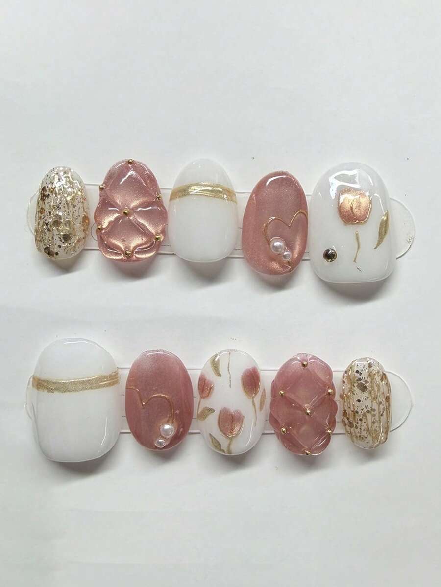 10片手工制作中长椭圆形美甲贴纸，粉金猫眼图案，3D菱形网格设计，可爱精致，柔和闪光，适合女性和女孩，春夏秋冬四季皆宜，节日及日常佩戴，手工按压式美甲贴纸 - 粉色 - 查看 1