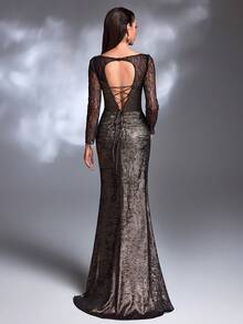 A Bronze Shimmer Coffee Satin Texture Lace Sheer Square Neck Long Lace Sleeve Twisted Waist Open Back Lace-Up High Slit Train Light Luxury Elegant Evening Party Gown Wedding Spring - Coffee Brown - View 3