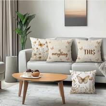 4 fundas de cojín con estampado floral de mariposa beige, fundas de cojín impresas por un solo lado, adecuadas para la decoración del hogar en la sala de estar y el dormitorio, para todo el año - No incluye los insertos de los cojines - Multicolor 09 - Ver 5
