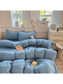 北歐輕奢絲滑四季通用純色2/3件套被套套裝（不含被芯）135*200cm/160*220cm兩件套，多色可選，柔軟舒適親膚，適用於臥室，客房，宿舍，四季必備床上用品，可機洗 - 藍色 - 查看 3
