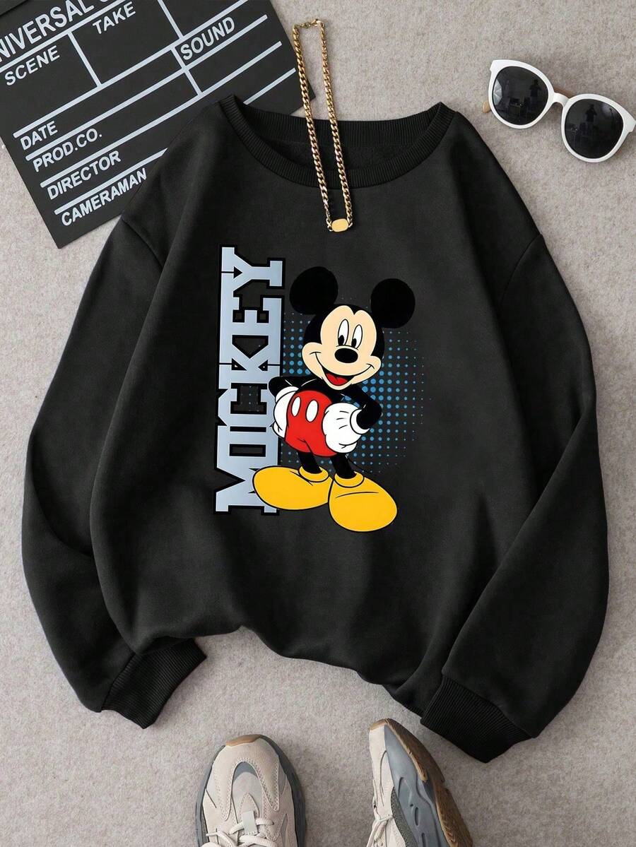 Disney Officially Licensed Mickey Mouse Printed Black Sweatshirt For Boys & Girls (Ages 1-14), 100% Polyester, Ultra Comfortable & Super Soft, High-End Look, Turns Heads, Daily Versatile, Disney Limited Edition Design, Relaxed Fit, Stylish Casual Style, Ideal For School & Family Outings In Spring, Autumn & Winter, New Arrival, Express Delivery - Black - View 1