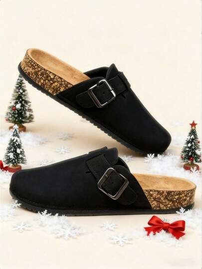 Soft Solid Color Pattern Men's Slippers, Elegant Metal Buckle Detail, Soft Cork Lining, Premium Soft & Comfortable, Shock-Absorbing Insole, Retro Casual Style, Unisex Wooden Bottom Slippers, Suitable For Indoor Home Use, New Year Leisure & Relaxation Moments