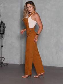Women's High-Waisted Denim Jumpsuit, Straight Leg, Twill Fabric - Lạc đà - Xem 7