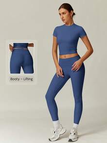 NcmRyu 一套女士圆领可拆卸垫肩紧身短袖上衣和打底裤运动服套装 - 藏蓝色 - 查看 1