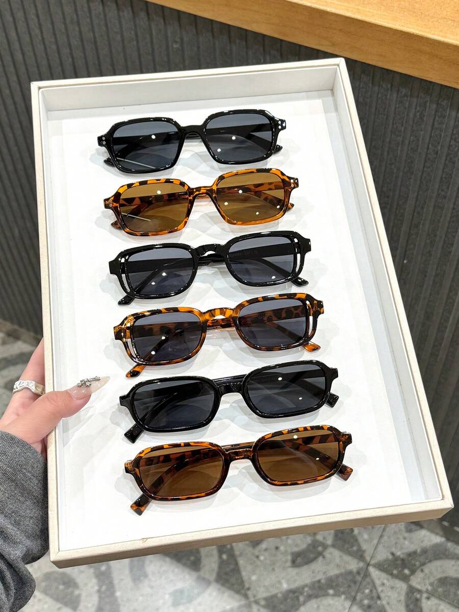 Set de 6 gafas de moda para mujer, con marcos cuadrados elegantes en negro y estampado de leopardo, combinados con lentes negros y marrones, ligeros y cómodos para uso diario, estilo callejero, vacaciones, conducción, transporte - Multicolor - Ver 1