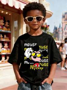 Disney Officially Licensed Kids T-Shirt Unisex For Boys & Girls Black Mickey Mouse Printed Short Sleeve 100% Polyester Ultra Comfortable Super Soft High-Quality Everyday Wear Relaxed Fit Stylish Design Perfect For Ages 1-14 Summer Outings Social Style Statement Limited Edition Disney Design New Arrival Express Delivery - 黑色 - 查看 1