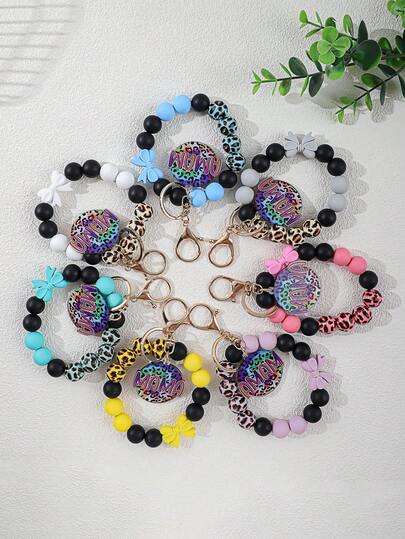 1pc MAMA Leopard Print Wristband Keychain, Cute Bow Pendant, Dopamine Contrast Color Accessory For Mothers