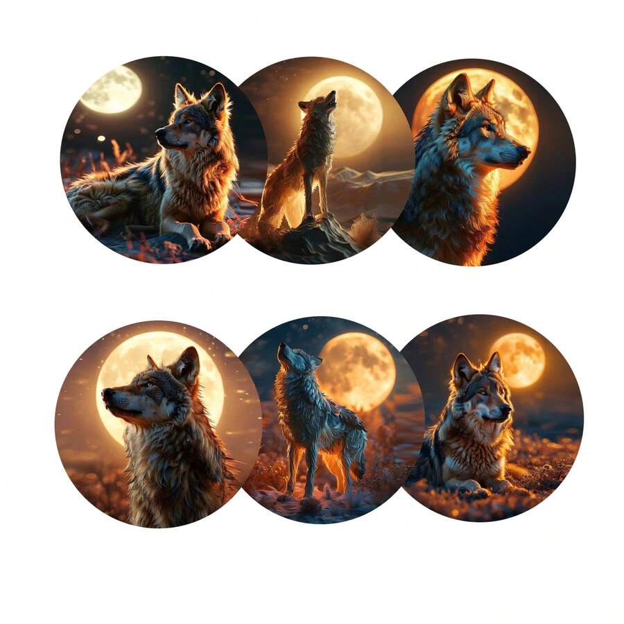 6pcs Wooden Wolf Coffee Cup Coasters, Suitable For Home, Cafe, Afternoon Tea, Theme Party Decoration, Car And Racing Cup, Unique Gift Set, Desktop Decor, Home Decor, Party Favor, Birthday Gift, Holiday Gift, For Family, Lover, Friends, Colleagues, Available In 1 Set, 2 Sets Or 3 Sets - Multicolor - View 1