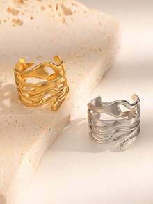 1枚时尚INS风简约百搭镀金不锈钢镂空不对称开口戒指，适合女性日常、派对和约会佩戴。 - 開口戒 - 查看 1