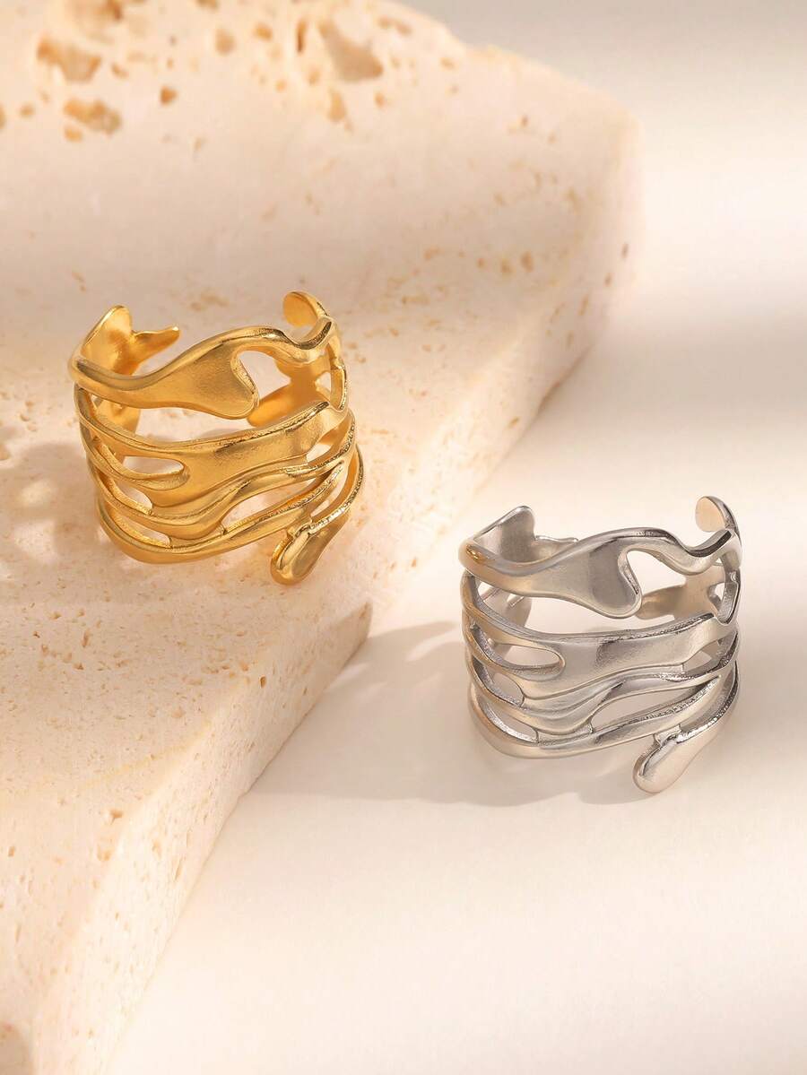 1枚时尚INS风简约百搭镀金不锈钢镂空不对称开口戒指，适合女性日常、派对和约会佩戴。 - 開口戒 - 查看 1