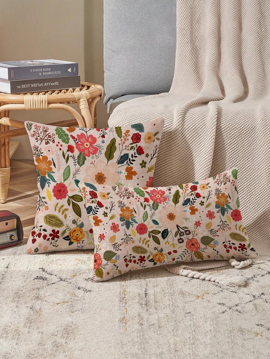 2pcs Spring/Summer Home Decor, Beautiful Floral Design, Multiple Sizes, Throw Pillow Covers, Decorative Cushion Covers, Living Room Decor, Sofa Decor, Valentine's Day Gift For Him/Her, Sofa Cushion Covers, Car Seat Cushion Covers - Multicolor - View 1