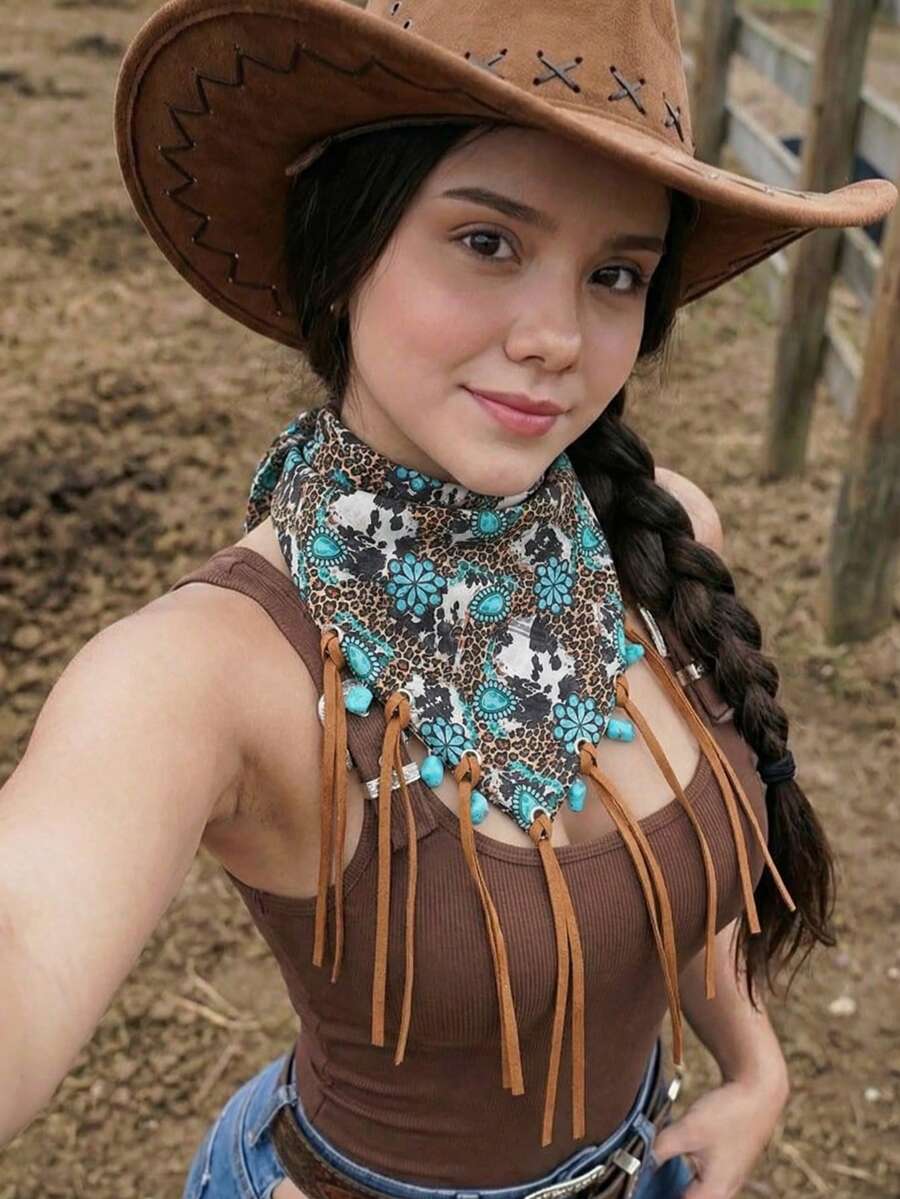 1pc Western Style Women's Fashion Cowgirl Leopard Print & Turquoise Flower Printed Scarf - Comes With Turquoise Pendant Accessory, Western Cowgirl Versatile Neckerchief Scarf - Multicolor - View 1