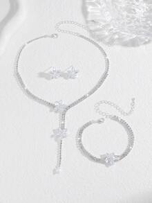 4 piezas Conjunto de joyería de collar, aretes y pulsera con diamante de imitación geométricos de lujo, accesorios elegantes y de moda adecuados para bodas, fiestas y uso diario - Plateado - Ver 4