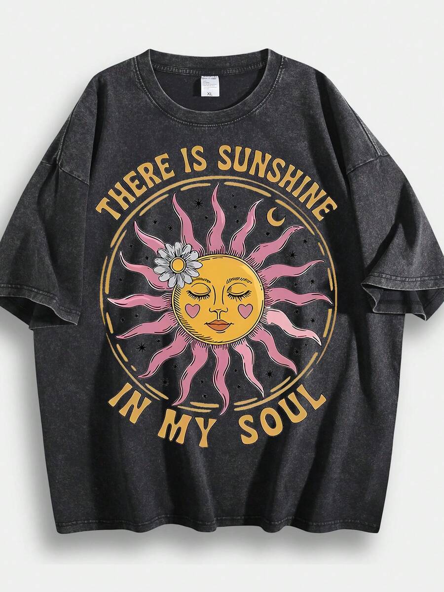 Retro Sun Face Skull Print, Men's T-Shirt, SUBLIM Band Style Free Theme Loose Short Sleeved Shirt - Đen 03 - Xem 1