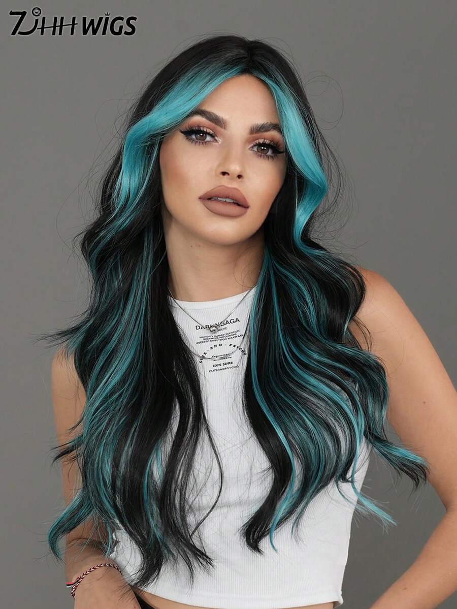 7JHH WIGS Highlight Blue Long Black Wavy Wig For Women Middle Part Curly Wig With Curtain Bangs Natural Synthetic Heat-Resistant Fiber Hair Wigs For Music Festival Party Wear, Halloween Cosplay Use 26 Inch - Blue Highlight - View 1