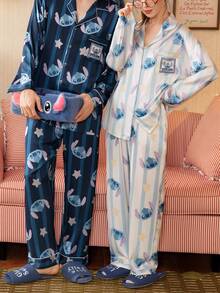 2pcs Disney Stitch Print Cotton Pajama Set, Long Sleeve, Spring/Autumn - Dusty Blue - View 1