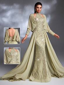 Đầm dạ hội sang trọng, thanh lịch với họa tiết cành cây màu xanh ô liu thêu sequin, cổ cao, thắt eo, hở lưng, chân váy xòe xếp tầng và đuôi váy dài. - Cỏ xanh - Xem 1