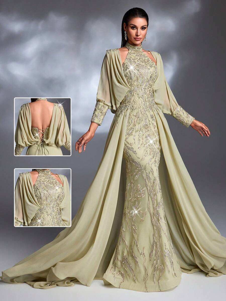 Đầm dạ hội sang trọng, thanh lịch với họa tiết cành cây màu xanh ô liu thêu sequin, cổ cao, thắt eo, hở lưng, chân váy xòe xếp tầng và đuôi váy dài. - Cỏ xanh - Xem 1
