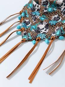 1pc Western Style Women's Fashion Cowgirl Leopard Print & Turquoise Flower Printed Scarf - Comes With Turquoise Pendant Accessory, Western Cowgirl Versatile Neckerchief Scarf - Multicolor - View 6