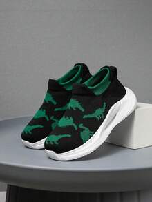 1 Pair Kids Sneakers, Knitted Cartoon Pattern Socks Shoes, Easy To Wear, Lightweight, Breathable, Non-Slip, Running Shoes, Student Fashion Mesh Patchwork Shoes - Black - View 3