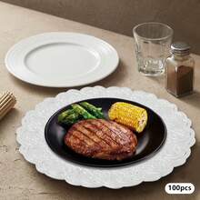 ZHFEISY Antique Charger Plates Bulk Round Plastic Dinner Plate Embossed Rim Server Plate Decorative Chargers Floral Plates For Dinner Parties Wedding - 100個-銀色2 - 查看 10