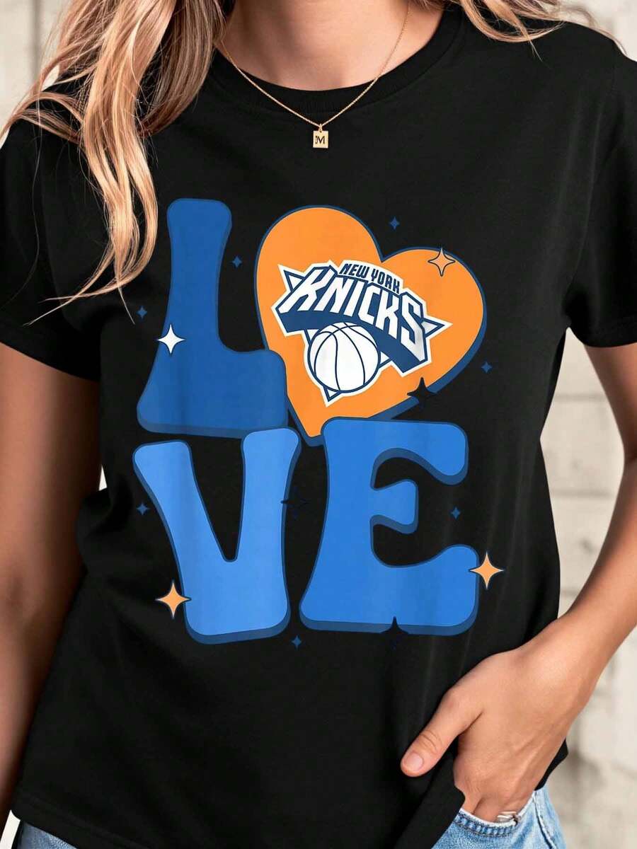 Love New York Knicks Basketball Team Heart Design T Shirt For Women And Men Unisex Fashion Casual Top Sport Fan Apparel - 黑色 - 查看 1
