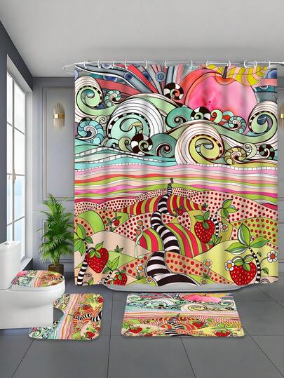 1/4 件套波西米亚风花卉主题春季浴室装饰套装，包含浴帘、地垫、U型马桶盖套、防水浴帘、时尚浴室窗帘、现代浴室隔断帘，无需钻孔，涤纶材质，可机洗，是送给朋友、家人、情侣、婚礼、复活节、圣诞节的绝佳礼物。