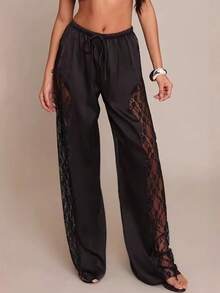 Women's Sexy Lace Patchwork Satin Loose Pants, Solid Color Woven Fabric With Lace Splice, Suitable For Party, Date, Stage And Concert In Summer Black - Black - View 1