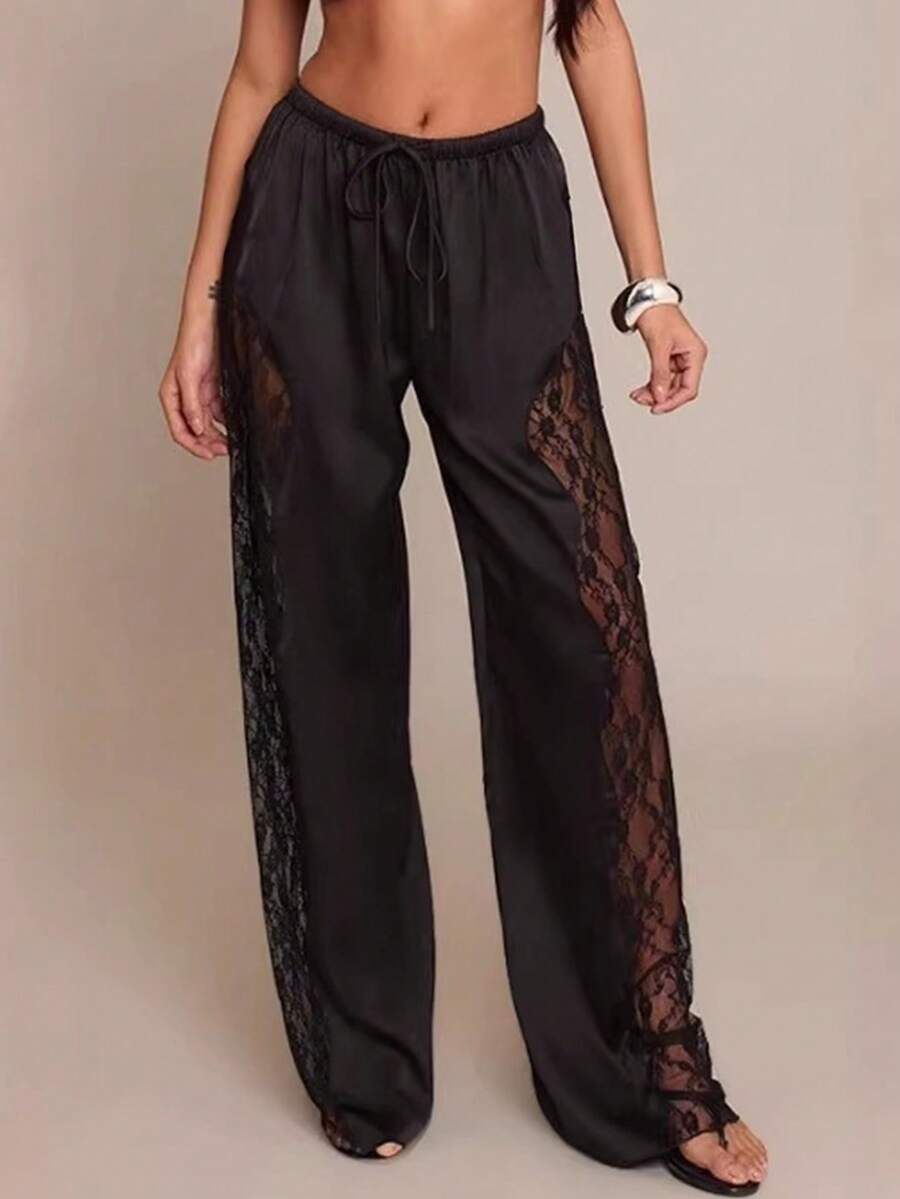 Women's Sexy Lace Patchwork Satin Loose Pants, Solid Color Woven Fabric With Lace Splice, Suitable For Party, Date, Stage And Concert In Summer Black - Black - View 1